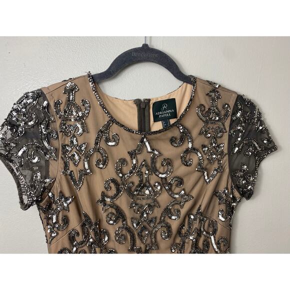 ADRIANNA PAPELL DRESS 2 SEQUIN BEADED MESH SHEER TAN NUDE SILVER MINI COCKTAIL - Picture 7 of 16